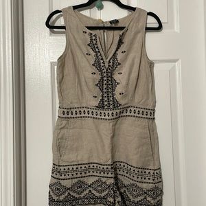 Loft Tan & Black Embroidered Linen Sleeveless Romper Size 4 Petite